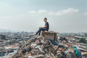 Mam sitting on top of huge dump with a lot of plastic waste and various used garbage. Environmental pollution concept. Created with photo