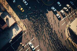 personas caminando a ciudad calle, aéreo vista. protestando multitud. creado con generativo ai foto