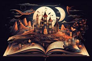 Open magical book with fantasy landscape over pages. Created with photo