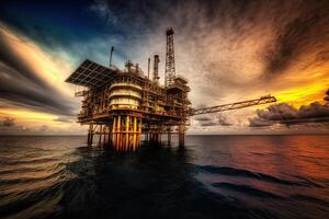 Offshore drilling rig at sea. Platform for oil production. Oil and gas industry. Created with photo