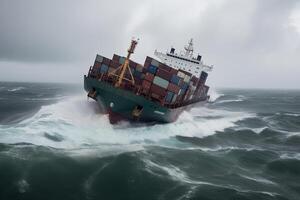 Wrecked cargo ship with conatiners in stormy sea with large waves. photo