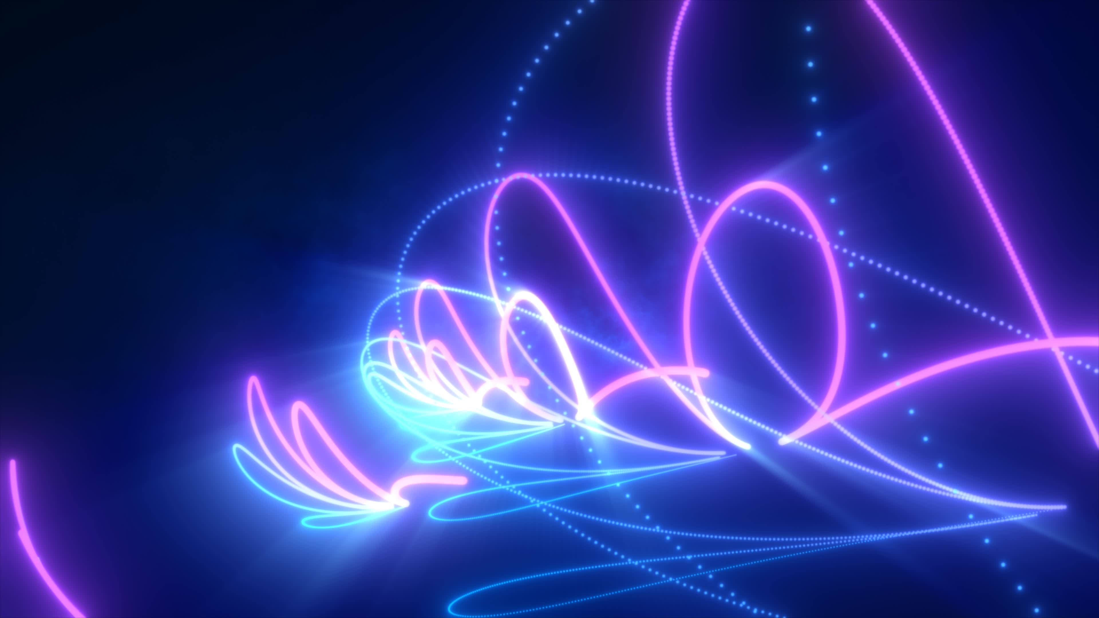 Abstract blue and purple glowing neon energy laser lines flying on a