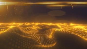 The abstract yellow energy surface with magic waves of particles and points with the blizzard of blur and glow abstract rear background, video 4K, 60 FPS