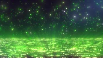 Abstract background of green glowing falling particles and moving magical energy waves, video 4k, 60 fps