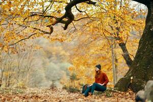 travel tourism woman model in autumn forest falling leaves landscape nature park photo