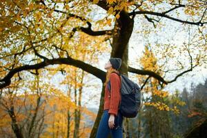 a woman in a red sweater with a backpack walks in an autumn park in the afternoon in nature photo