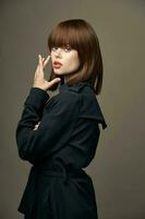 Close-up charming woman Light skin suit outerwear photo