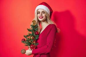 mujer vistiendo Papa Noel claus disfraz Navidad árbol fiesta decoración entretenimiento foto