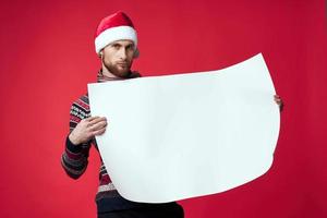 emotional man in a christmas white mockup poster isolated background photo