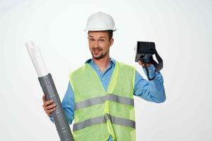 man in working uniform construction virtual reality glasses engineer photo