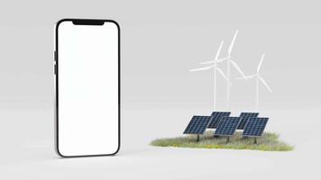 Smart phone near solar panels and wind turbines. 3d animation video