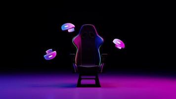 Gamer chair next to virtual reality goggles floating on neon background. 3d animation loop video