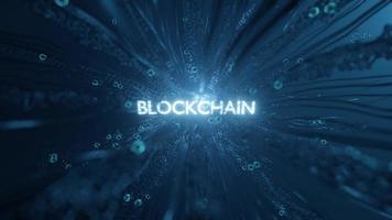 4k animazione. il parola blockchain illuminato e raggiante su un' futuristico animato sfondo. video