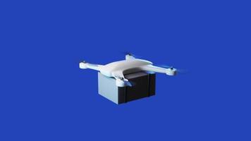 Looped Animation of a flying delivery drone with box on blue background 3d render video
