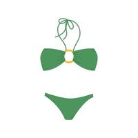 Female fashion swimsuit. Flat isolated illustration of drawing trendy female beachwear. Two piece green swimming suit or bathing underwear lingerie with neck ties. Vector colorful swimwear