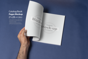 Male hand opened a book-catalog on blue background psd