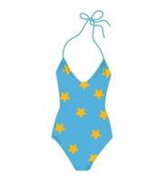Female one piece swimsuit. Stylish blue swimwear with yellow stars. Swim clothes with neckline and neck ties. Flat hand drawn colorful vector illustration isolated on white background.