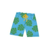 Male fashion blue swimming trunks with green leaves of monstera. Flat vector isolated illustration of cartoon trendy male beachwear.