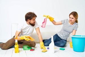 Married couple joint cleaning girlfriend detergent lifestyle photo