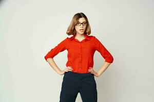 woman in business suit wearing glasses posing office official photo