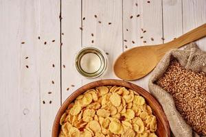 wooden kitchen items food muesli view from above photo