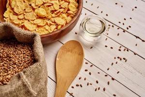 wooden kitchen items healthy breakfast view from above photo