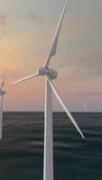 vent turbine dans le océan à le coucher du soleil pour vert énergie ou renouvelable énergie. concept de durable développement technologie. video