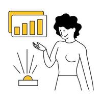 Business marketing or woman analytics and data analysis. A pretty woman holds a projection of interfaces with a graph in her hands. Thin line vector illustration isolated on white