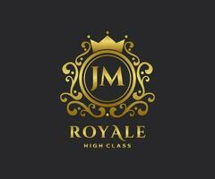 Golden Letter JM template logo Luxury gold letter with crown. Monogram alphabet . Beautiful royal initials letter. vector