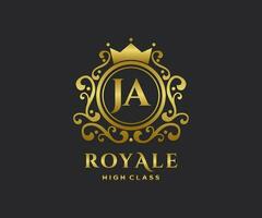 Golden Letter JA template logo Luxury gold letter with crown. Monogram alphabet . Beautiful royal initials letter. vector