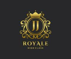 Golden Letter JJ template logo Luxury gold letter with crown. Monogram alphabet . Beautiful royal initials letter. vector