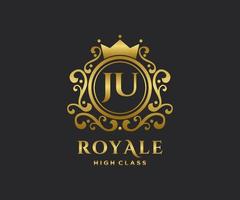 Golden Letter JU template logo Luxury gold letter with crown. Monogram alphabet . Beautiful royal initials letter. vector