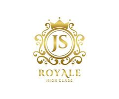 Golden Letter JS template logo Luxury gold letter with crown. Monogram alphabet . Beautiful royal initials letter. vector