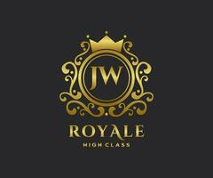 Golden Letter JW template logo Luxury gold letter with crown. Monogram alphabet . Beautiful royal initials letter. vector