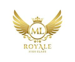 Golden Letter ML template logo Luxury gold letter with crown. Monogram alphabet . Beautiful royal initials letter. vector