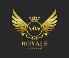 Golden Letter MW template logo Luxury gold letter with crown. Monogram alphabet . Beautiful royal initials letter. vector