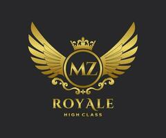 Golden Letter MZ template logo Luxury gold letter with crown. Monogram alphabet . Beautiful royal initials letter. vector