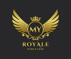 Golden Letter MY template logo Luxury gold letter with crown. Monogram alphabet . Beautiful royal initials letter. vector