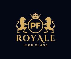 Golden Letter PF template logo Luxury gold letter with crown. Monogram alphabet . Beautiful royal initials letter. vector