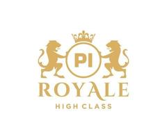 Golden Letter PI template logo Luxury gold letter with crown. Monogram alphabet . Beautiful royal initials letter. vector