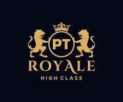 Golden Letter PT template logo Luxury gold letter with crown. Monogram alphabet . Beautiful royal initials letter. vector