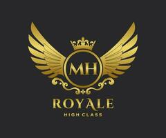 Golden Letter MH template logo Luxury gold letter with crown. Monogram alphabet . Beautiful royal initials letter. vector