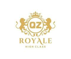 Golden Letter QZ template logo Luxury gold letter with crown. Monogram alphabet . Beautiful royal initials letter. vector