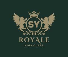 Golden Letter SY template logo Luxury gold letter with crown. Monogram alphabet . Beautiful royal initials letter. vector