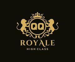 Golden Letter QQ template logo Luxury gold letter with crown. Monogram alphabet . Beautiful royal initials letter. vector