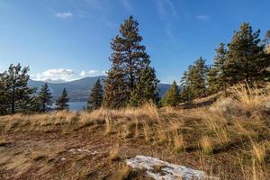 Mountain top view of a lake photo