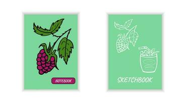 Cover notebook with raspberries. Templates natural pattern. Leaves, branch, green color. vector