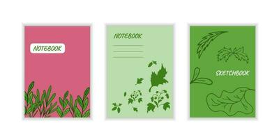 Cover notebook with leaves. Templates drawing natural pattern. Leaves, stroke, pink and green color. vector