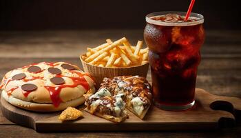 fast food and unhealthy eating concept - close up of fast food snacks and cola drink on wooden table. photo