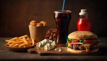 fast food and unhealthy eating concept - close up of fast food snacks and cola drink on wooden table. photo